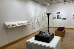 An image of the installation for the SUNY Brockport exhibition. This image shows a sculpture and paintings and books on the left side of the gallery.