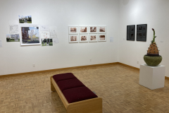 An image of the installation for the SUNY Brockport exhibition. This image shows the drawings and a sculpture near the rear of the gallery.