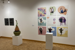 An image of the installation for the SUNY Brockport exhibition. This image shows some prints and a sculpture on the back right side of the gallery.