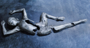 A life cast taken from an adolescent girl positioned on the wall in a way she is day dreaming with her eyes closed. The cast aluminum has a patina that resembles dark aged iron.