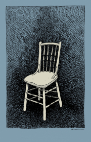 Drawing of an older yellow wooden chair, in a darkened corner created by cross hatched lines and a deep blue color.