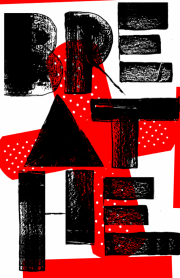 The word BREATHE is black and broken up in 3 lines: BRE / AT / HE. The type was hand-generated using a palette knife and black printing ink. The type is not solid—and you can see the background image through it. The type covers the entire poster. Behind the black type is a large bold red band-aid, almost the same size as the type. There are several red, rectangular bars which match the color of the band-aid along the edge of the poster.