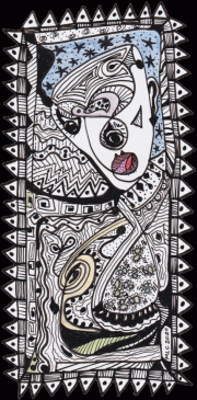 A crazy continuous line shape done with pen and ink. The doodle is filled with pattern and visual texture revealing a cubist style face in the composition.
