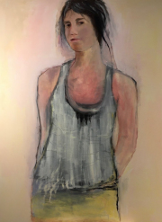 The portrait dominates the middle of the canvas.  Her outfit is a bit abstracted to personify her unique personality.  With head tilted off to the left of the canvas she slyly looks at you with strength and confidence.  Her arms are gently held behind her and there is a slight leaning in her stance.  The portrait is from the top of her head (just slightly cropped off at the top) to mid hip range.  She wears a yellowish blue skirt abstracted a bit in the brush marks and her shirt is mostly a grey white loosely fitting.  Her hair is pulled back yet loose.  She projects beauty, simplicity and a strong personality.