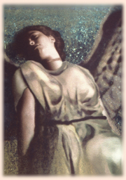 A figure merged with a statue of an angel in a Cemetery. The angel’s wings are spread wide, the folds of the dress merged with the body. The perspective is skewed to make it appear she is sleeping against a backdrop of a sandy beach. The edges are faded and the colors muted.