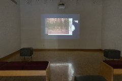 Installation shot of gallery showing video projected on rear wall.