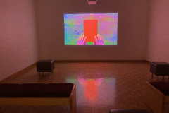 Installation shot of gallery showing video projected on rear wall.